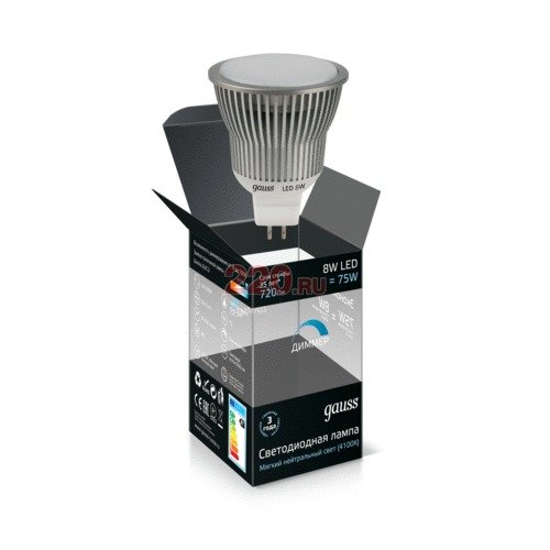 Лампа GAUSS светод. энергосбер. EB101105208LED MR16 GU5.3 8W 4100K
